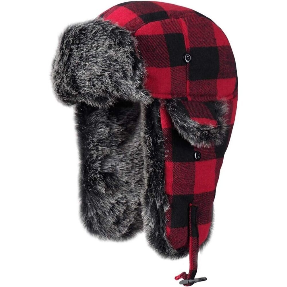 Men Red ONWAY Faux Fur Trapper Hat Cozy  Winter Ear Flaps Hat